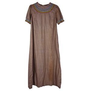 Vintage 1940s Farm Dress Brown Gingham Rick Rack Trim Puff Sleeves AS IS